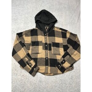 Forever 21 Hooded Flannel Shirt Tan Black Buffalo Plaid Cropped Shacket Small